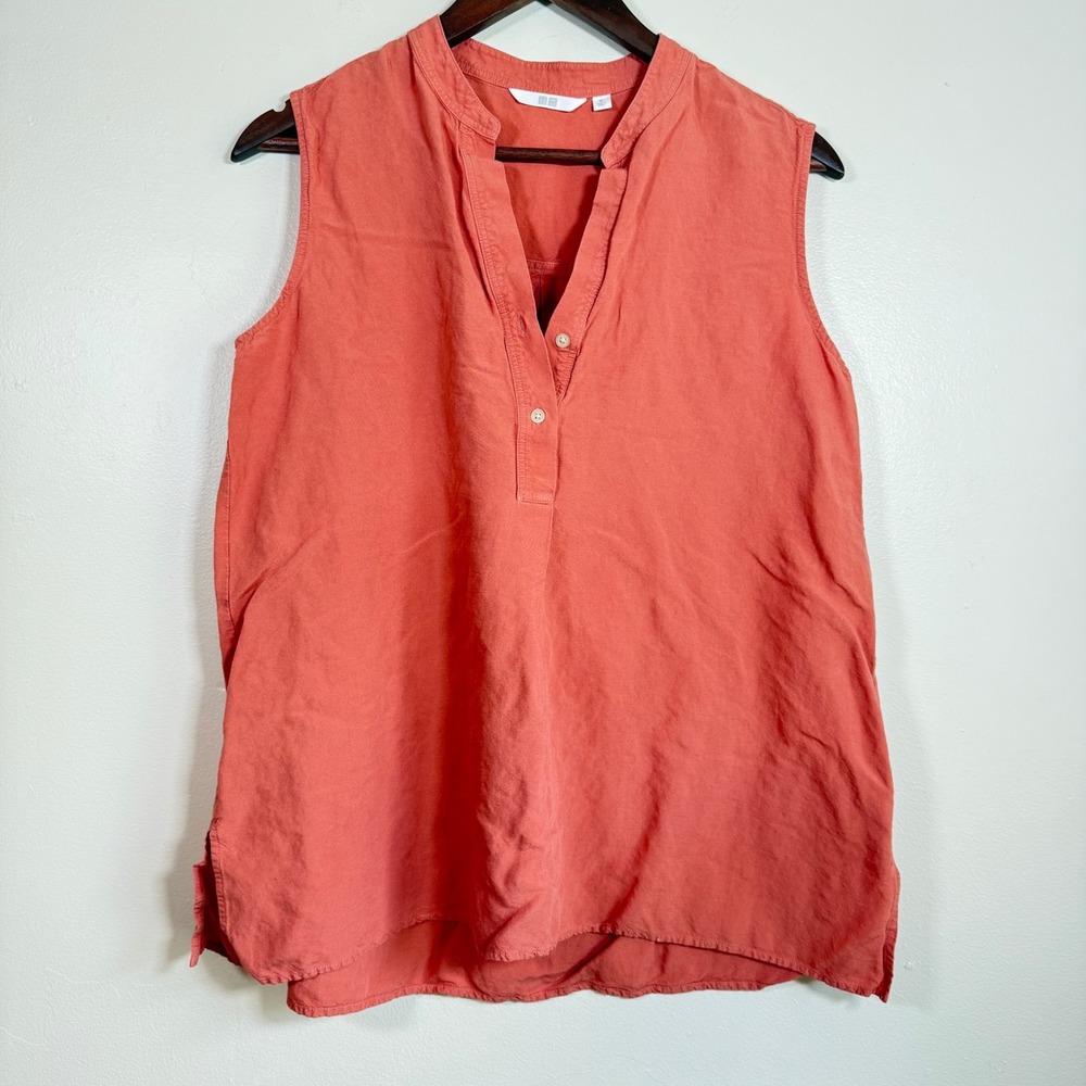 Uniqlo Linen Blend Sleeveless Henley Relaxed Blouse Size Medium Coral